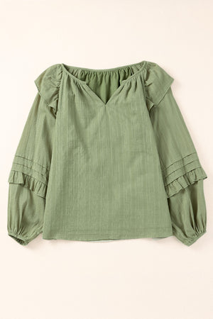 Ruffled Notched Neck Balloon Sleeve Blouse-Mope's Closet