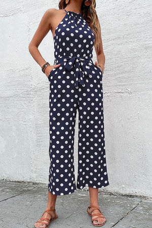 Polka Dot Grecian Wide Leg Jumpsuit-Mope's Closet