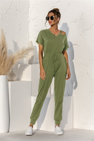 Cut Out V-neck Drawstring Jumpsuit-Mope's Closet