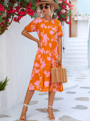 Floral Puff Sleeve Ruffle Hem Midi Dress-Mope's Closet