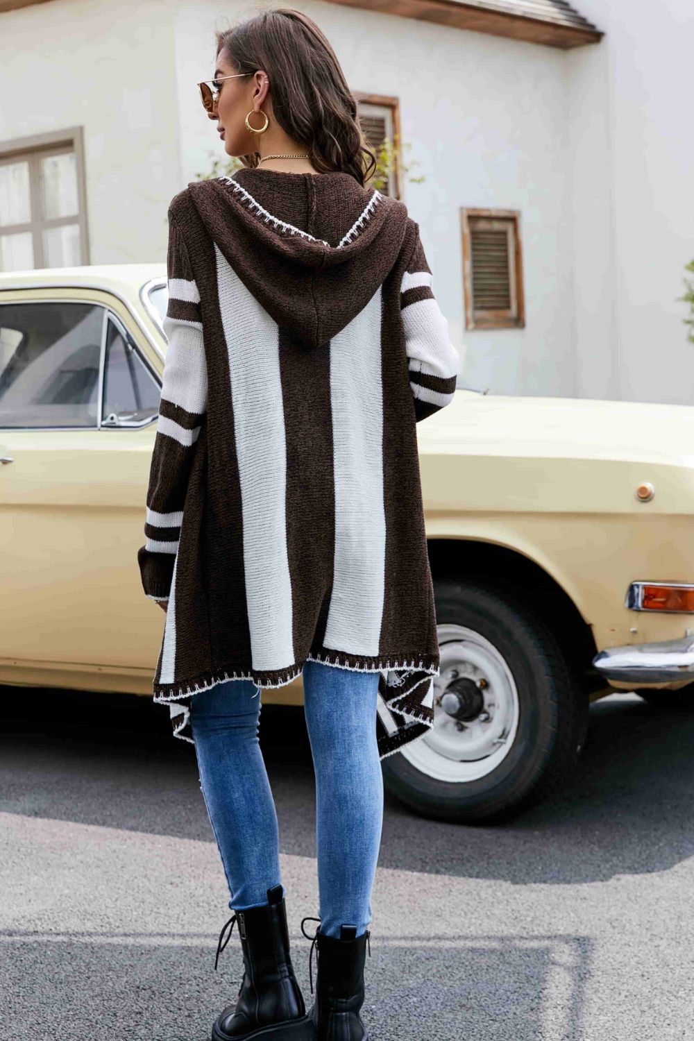 Striped Open Front Hooded Cardigan-Mope's Closet