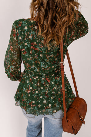 Floral Surplice Peplum Blouse-Mope's Closet