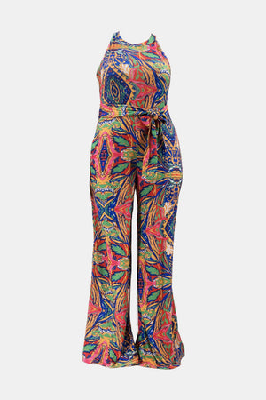 Plus Size Printed Tie Waist Jumpsuit with Pockets-Mope's Closet