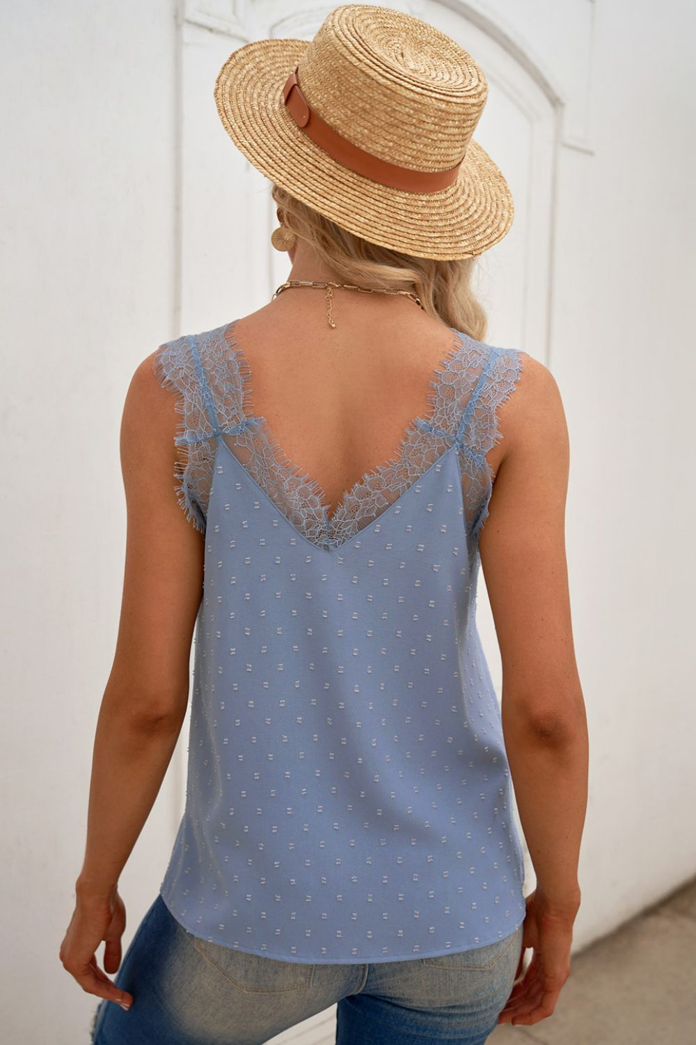 Swiss Dot Spliced Lace Sleeveless Top-Mope's Closet