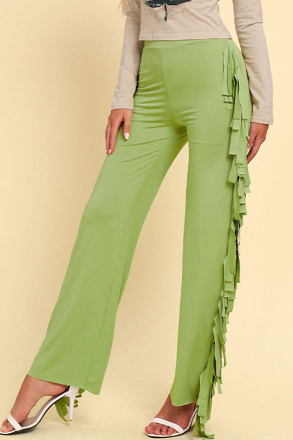 Fringe Trim Wide Leg Pants-Mope's Closet