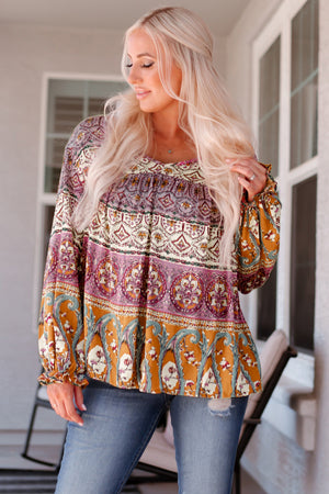 Bohemian Long Flounce Sleeve V-Neck Blouse-Mope's Closet