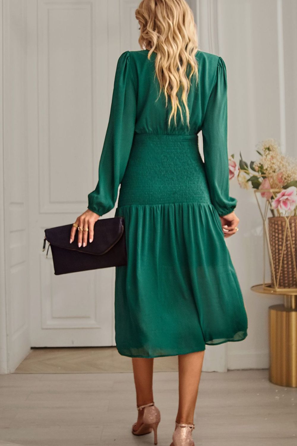 Slit Smocked Mock Neck Puff Sleeve Midi Dress-Mope's Closet