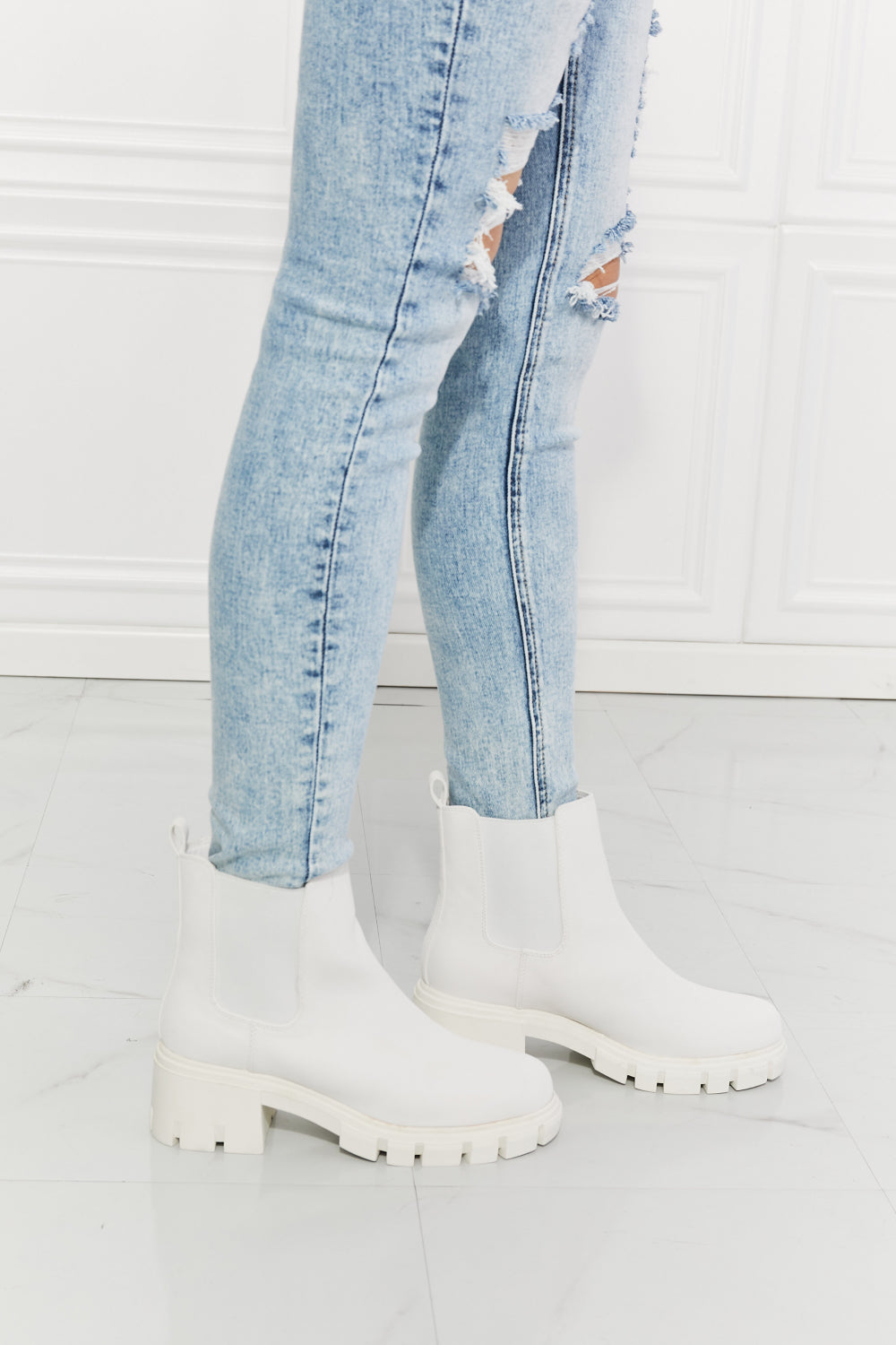 MMShoes Work For It Matte Lug Sole Chelsea Boots in White-Mope's Closet