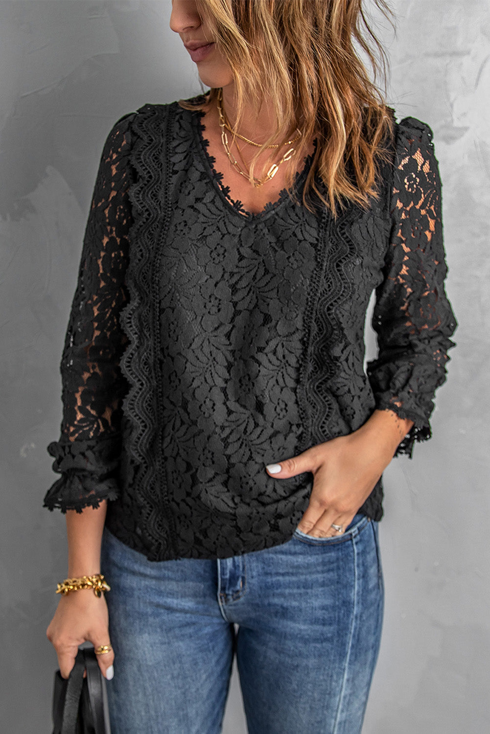 Lace Crochet V-Neck Flounce Sleeve Top-Mope's Closet