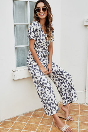 Printed Tie-Waist Surplice Jumpsuit-Mope's Closet