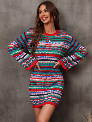 Multicolored Stripe Dropped Shoulder Sweater Dress-Mope's Closet