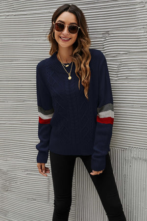 Feeling You Best Striped Cable-Knit Round Neck Sweater-Mope's Closet