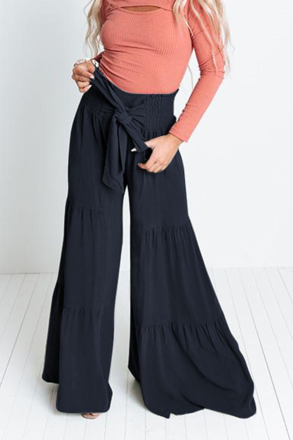 Tie Front Smocked Tiered Culottes-Mope's Closet