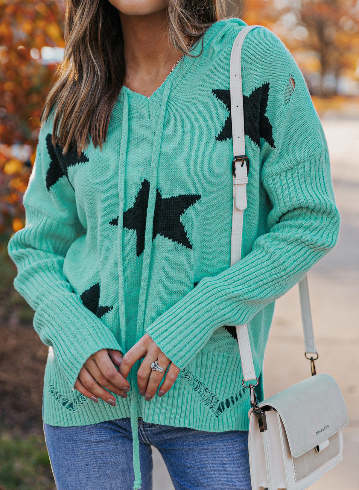 Star Distressed Slit Hooded Sweater-Mope's Closet