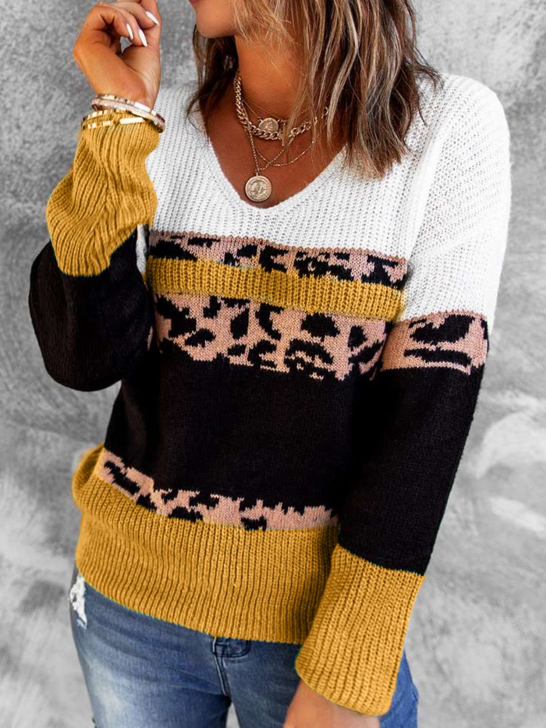 Leopard Color Block V-Neck Rib-Knit Sweater-Mope's Closet