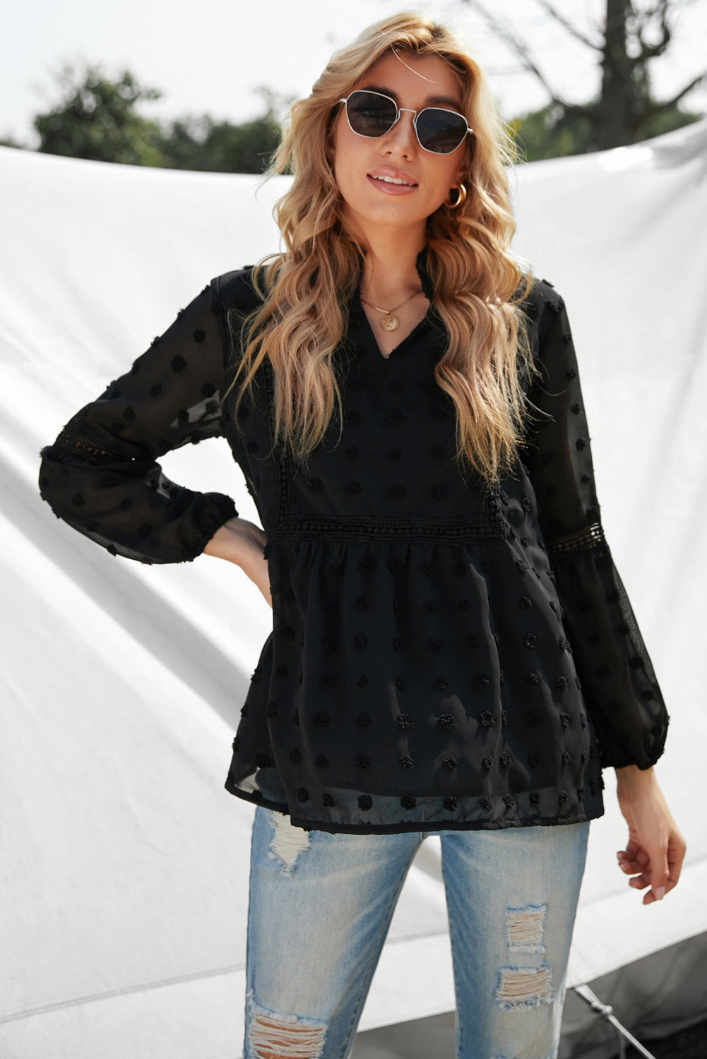 Swiss Dot Frilled Notched Neck Blouse-Mope's Closet