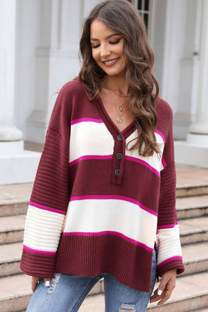 Striped Dropped Shoulder Side Slit Sweater-Mope's Closet