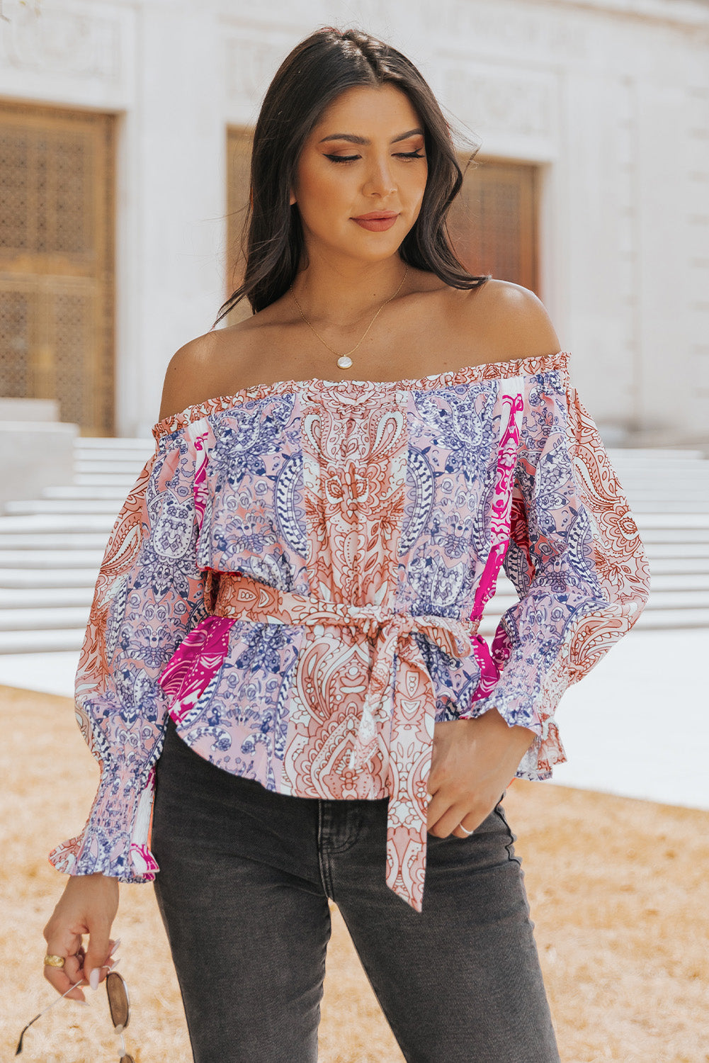 Printed Off-Shoulder Flounce Sleeve Belted Blouse-Mope's Closet