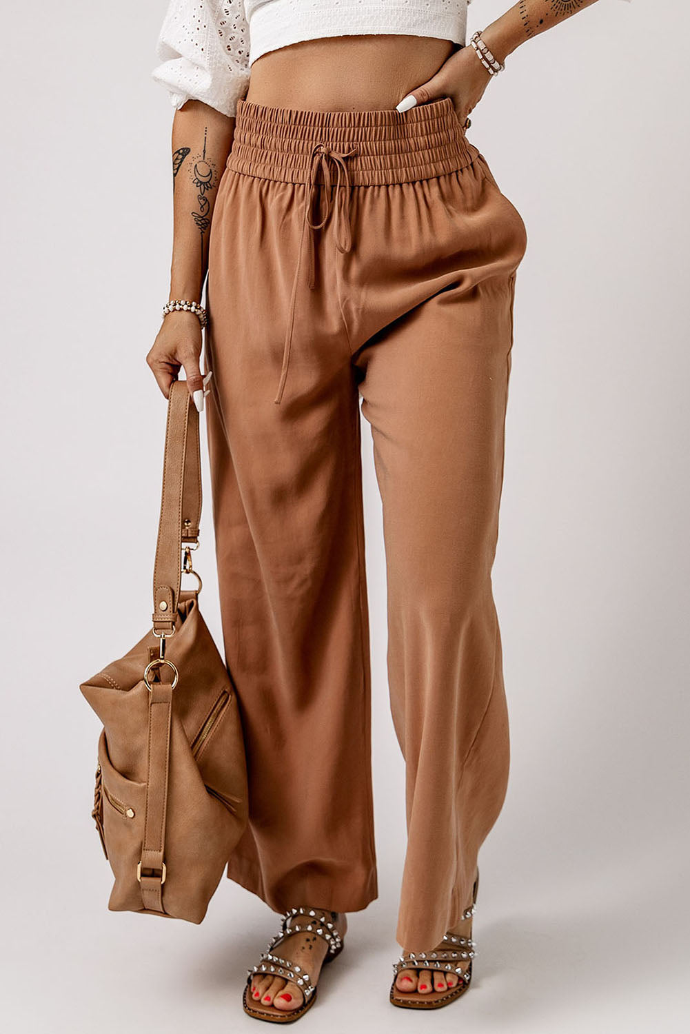 Drawstring Smocked Waist Wide Leg Pants-Mope's Closet