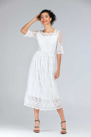 Scalloped Lace Half Sleeve Midi Dress-Mope's Closet