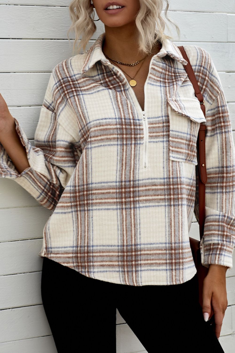 Plaid Half-Zip Collared Curved Hem Sweatshirt-Mope's Closet