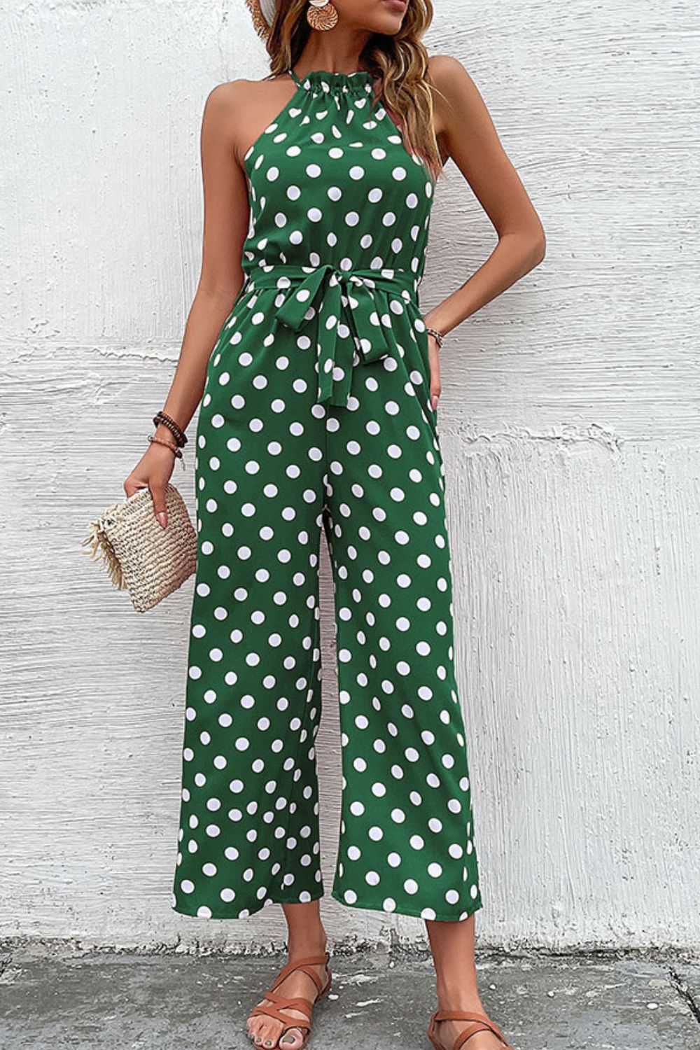 Polka Dot Grecian Wide Leg Jumpsuit-Mope's Closet