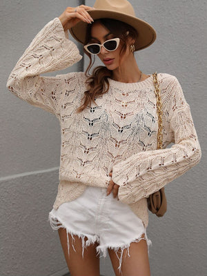 Openwork Dropped Shoulder Knit Top-Mope's Closet