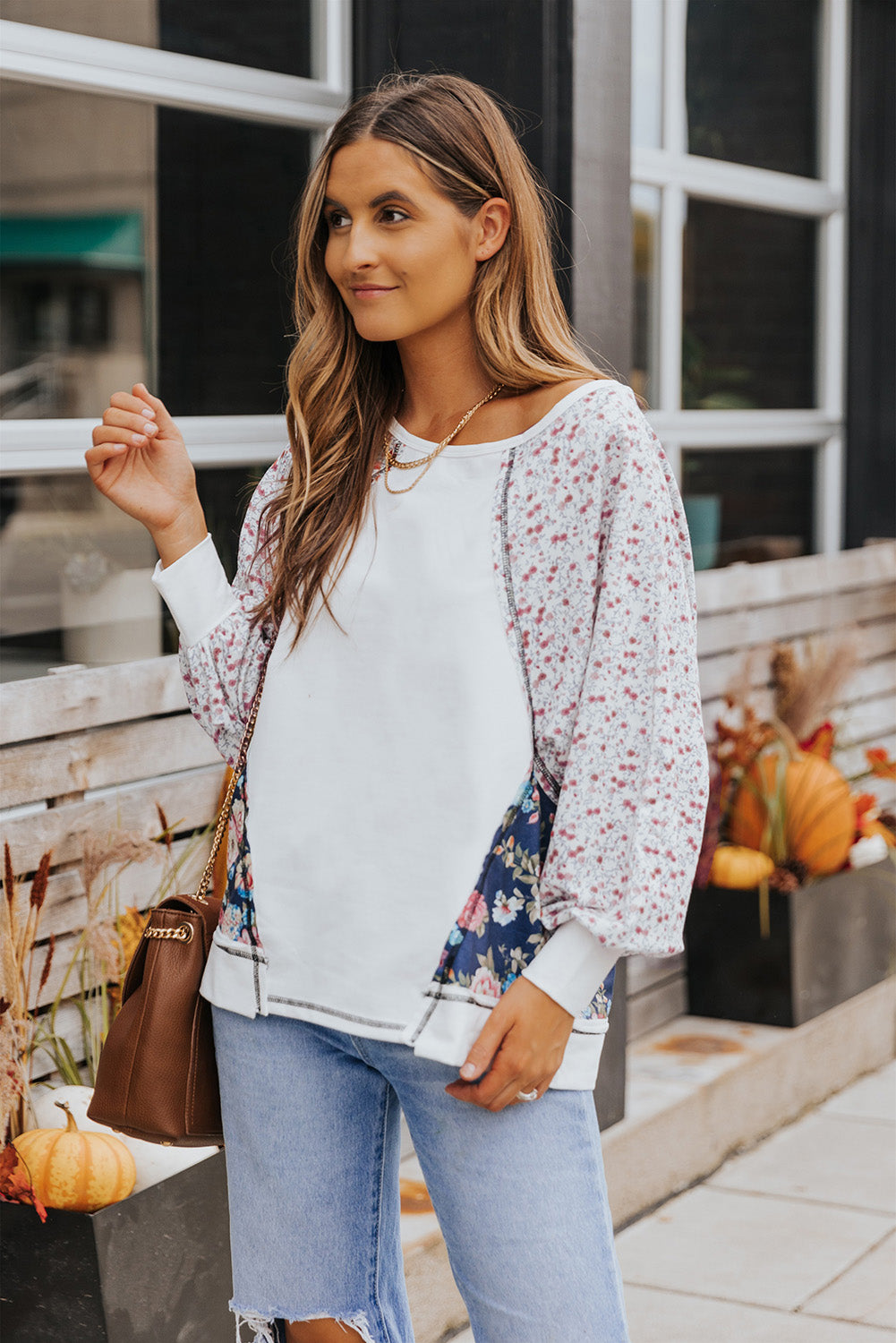 Floral Lantern Sleeve Round Neck Top-Mope's Closet