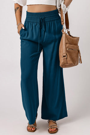 Drawstring Smocked Waist Wide Leg Pants-Mope's Closet