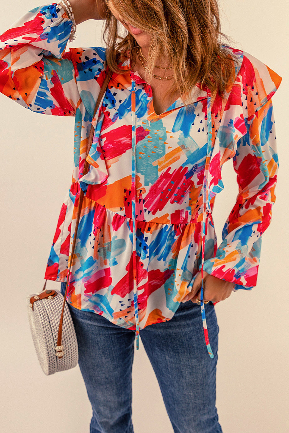 Brush Stroke Ruffled Tie Neck Blouse-Mope's Closet