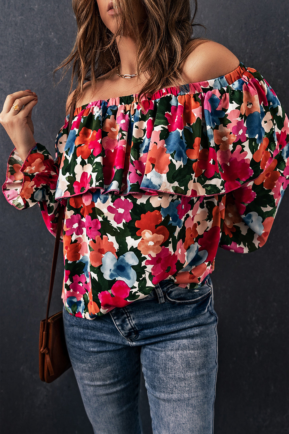 Floral Off-Shoulder Flounce Sleeve Layered Blouse-Mope's Closet