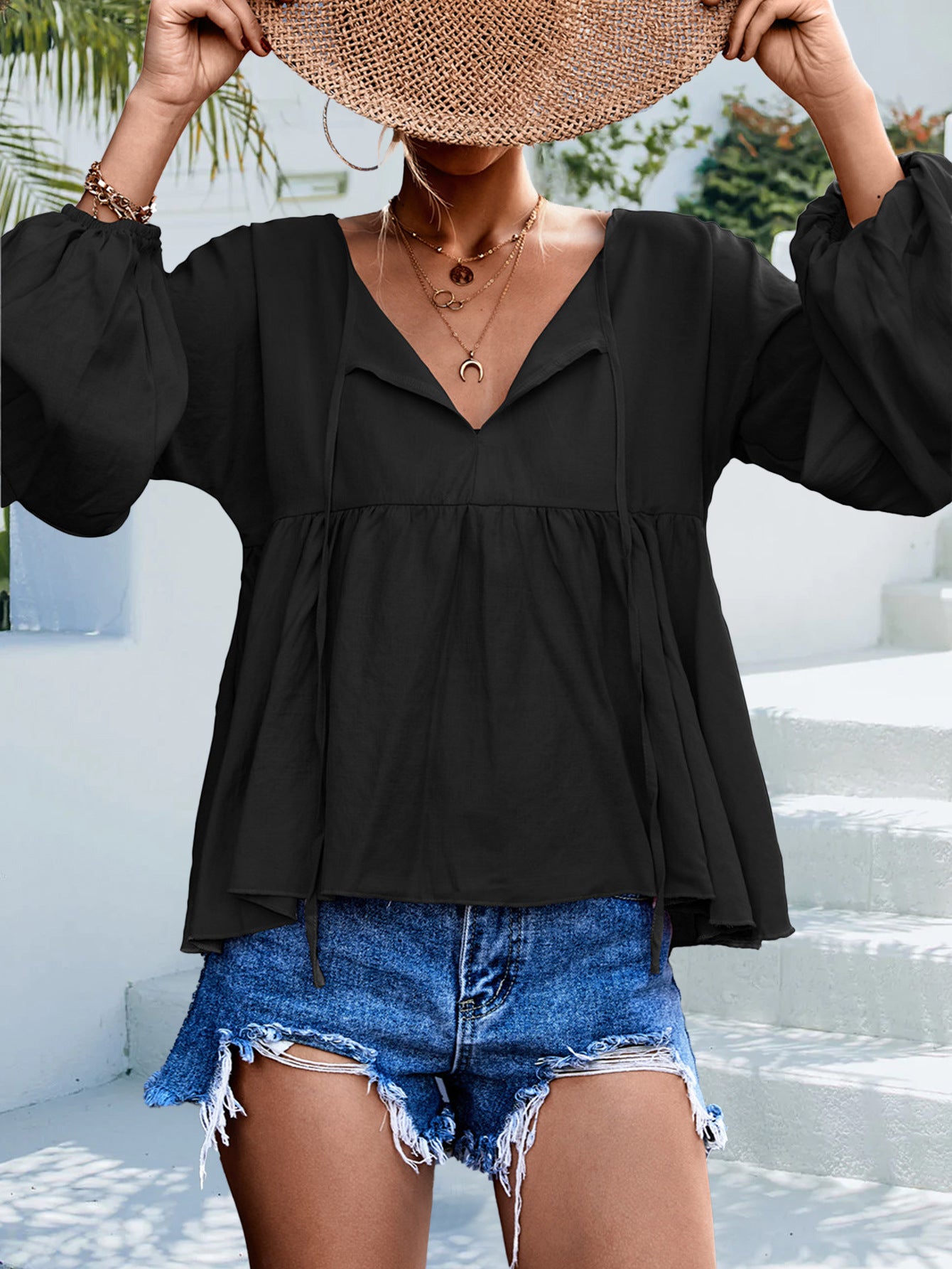 Puff Sleeve Babydoll Blouse-Mope's Closet