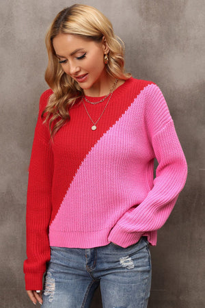 Two-Tone Round Neck Dropped Shoulder Sweater-Mope's Closet