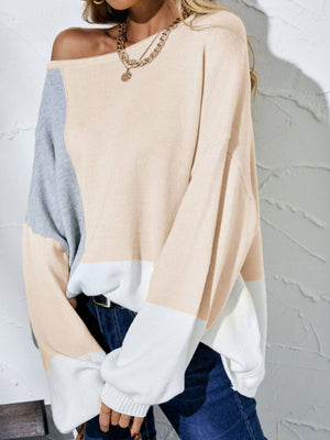 Color Block Balloon Sleeve Boat Neck Sweater-Mope's Closet