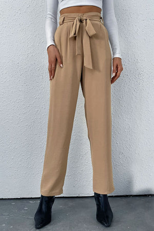 Belted Straight Leg Pants with Pockets-Mope's Closet