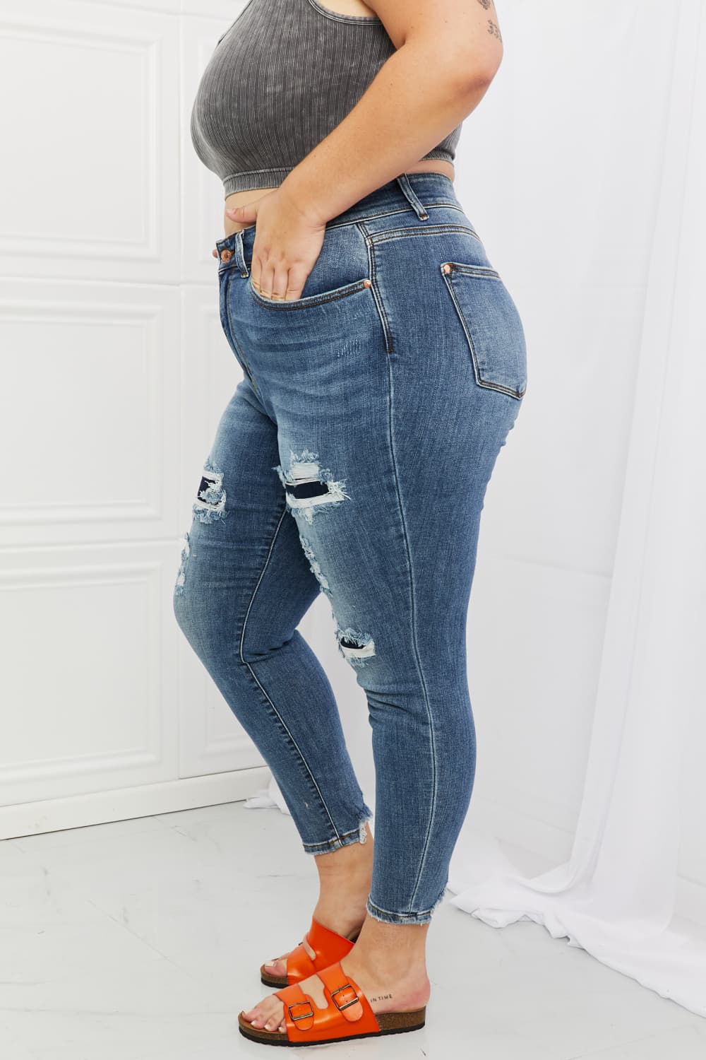 Judy Blue Dahlia Full Size Distressed Patch Jeans-Mope's Closet