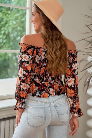 Floral Smocked Off-Shoulder Peplum Top-Mope's Closet