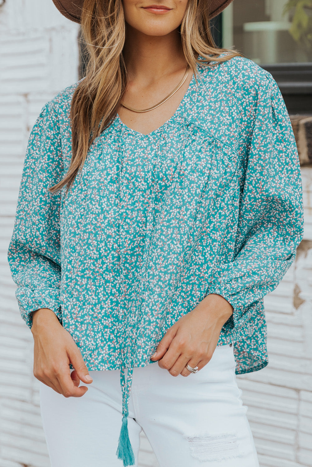 Ditsy Floral Tassel Tie High-Low Blouse-Mope's Closet