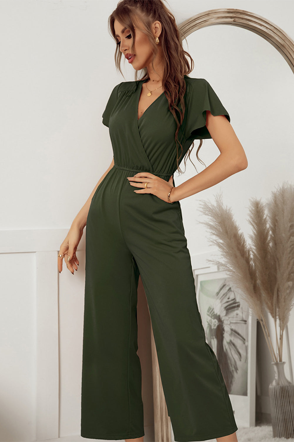 Flutter Sleeve Surplice Jumpsuit-Mope's Closet