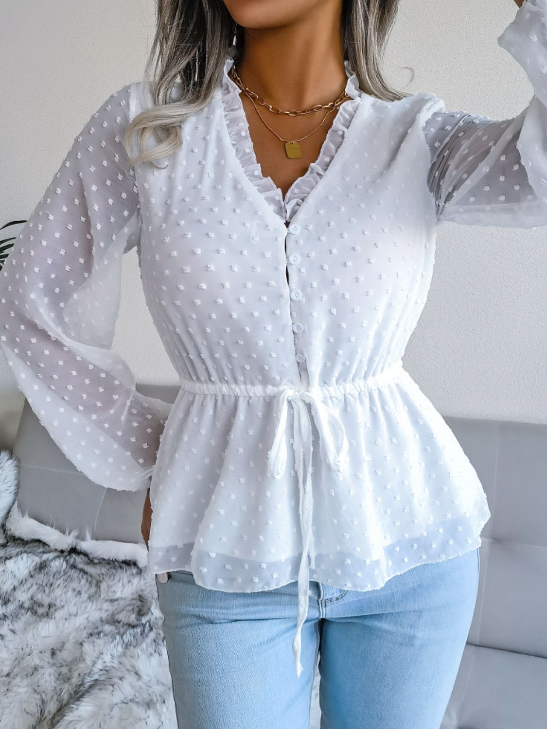 Swiss Dot Frill Trim Drawstring Waist Peplum Blouse-Mope's Closet