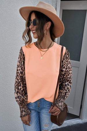 Leopard Puff Sleeve Spliced Top-Mope's Closet