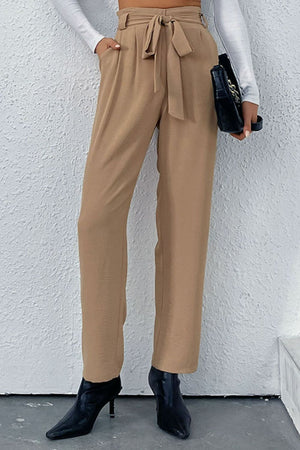 Belted Straight Leg Pants with Pockets-Mope's Closet