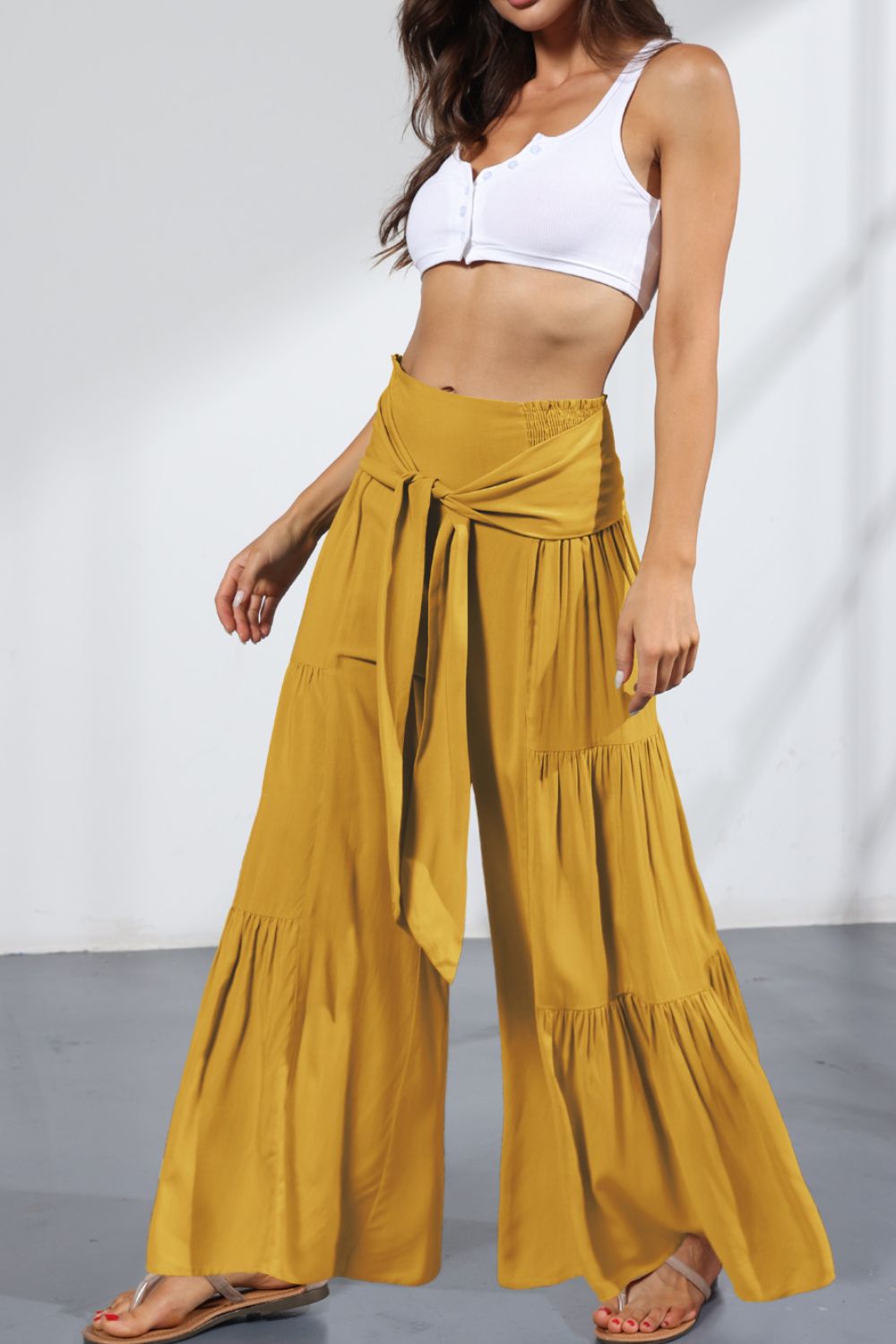 Tie Front Smocked Tiered Culottes-Mope's Closet