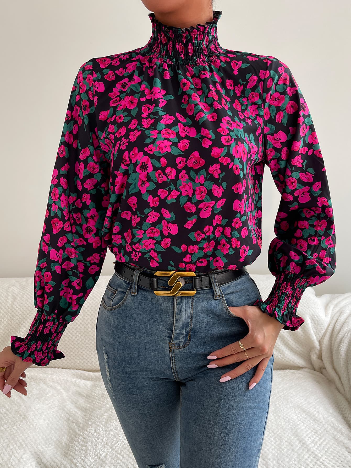 Floral Smocked Frill Neck Blouse-Mope's Closet