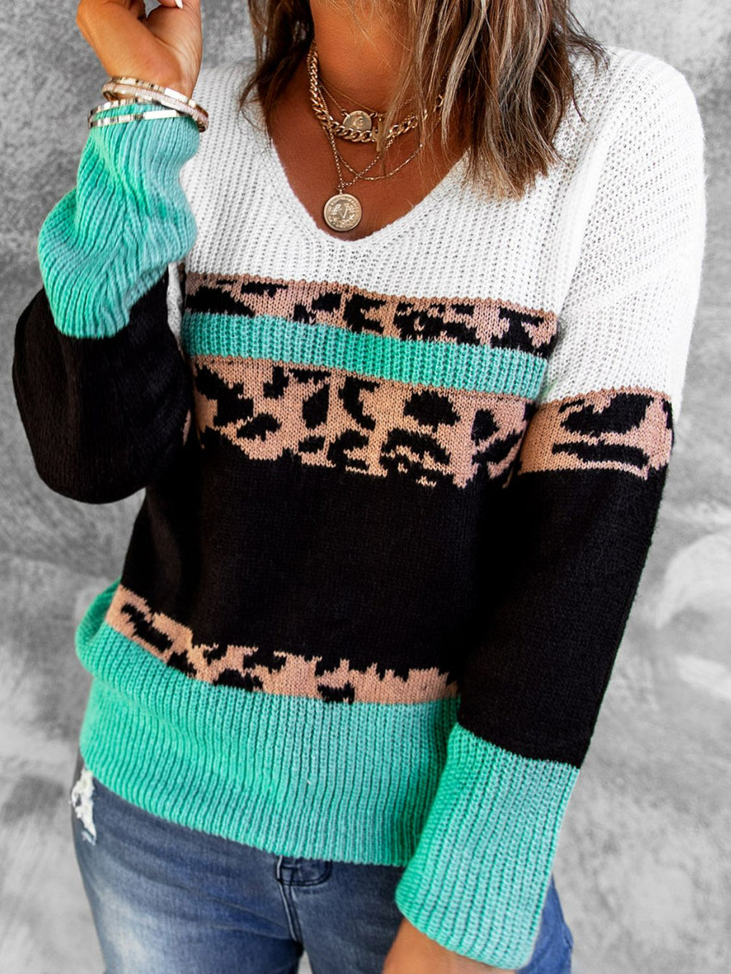 Leopard Color Block V-Neck Rib-Knit Sweater-Mope's Closet