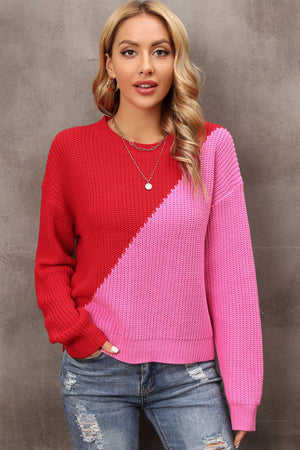 Two-Tone Round Neck Dropped Shoulder Sweater-Mope's Closet