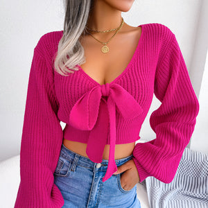 Tie-Front Rib-Knit Cropped Sweater-Mope's Closet