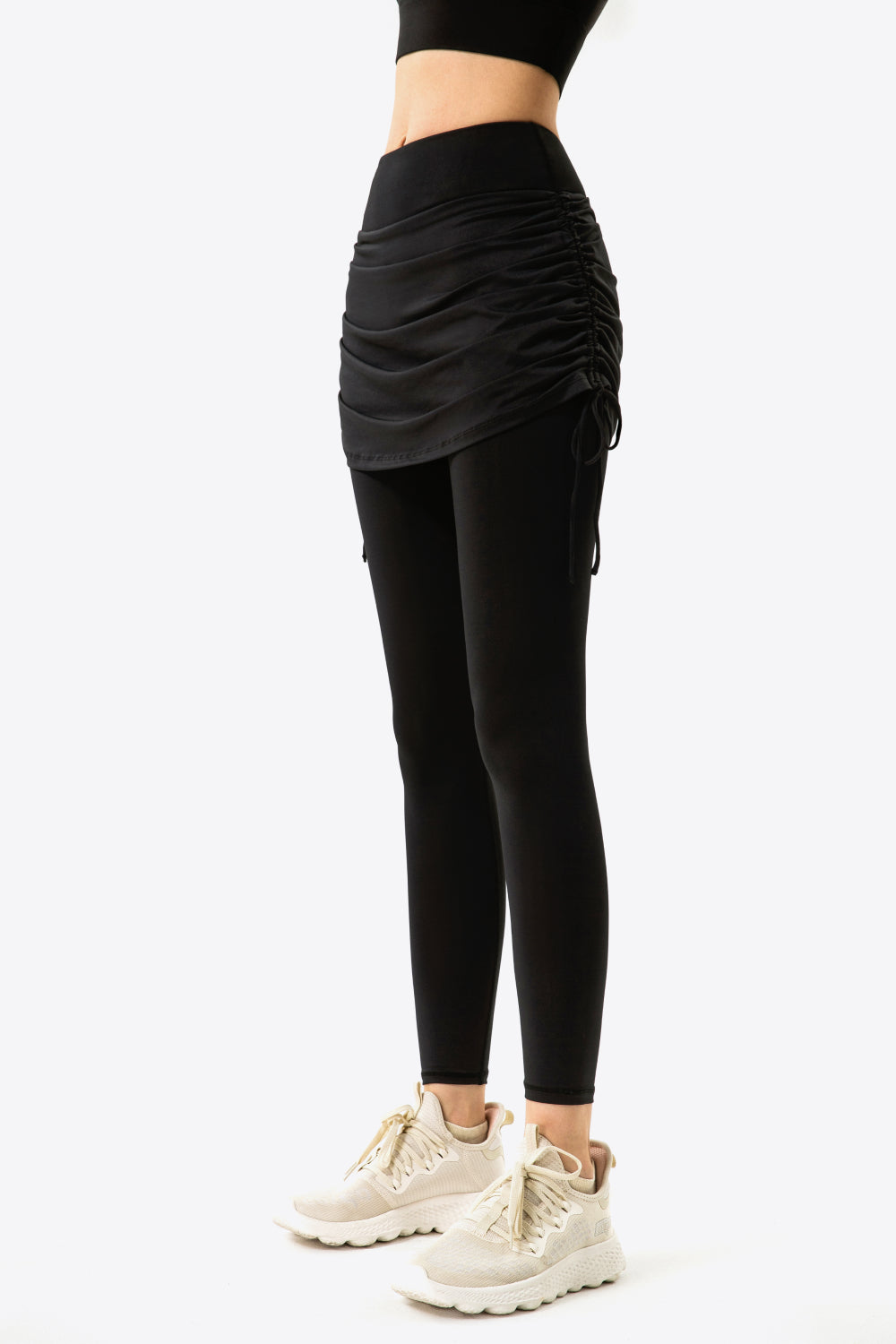 Drawstring Ruched Faux Layered Yoga Leggings-Mope's Closet