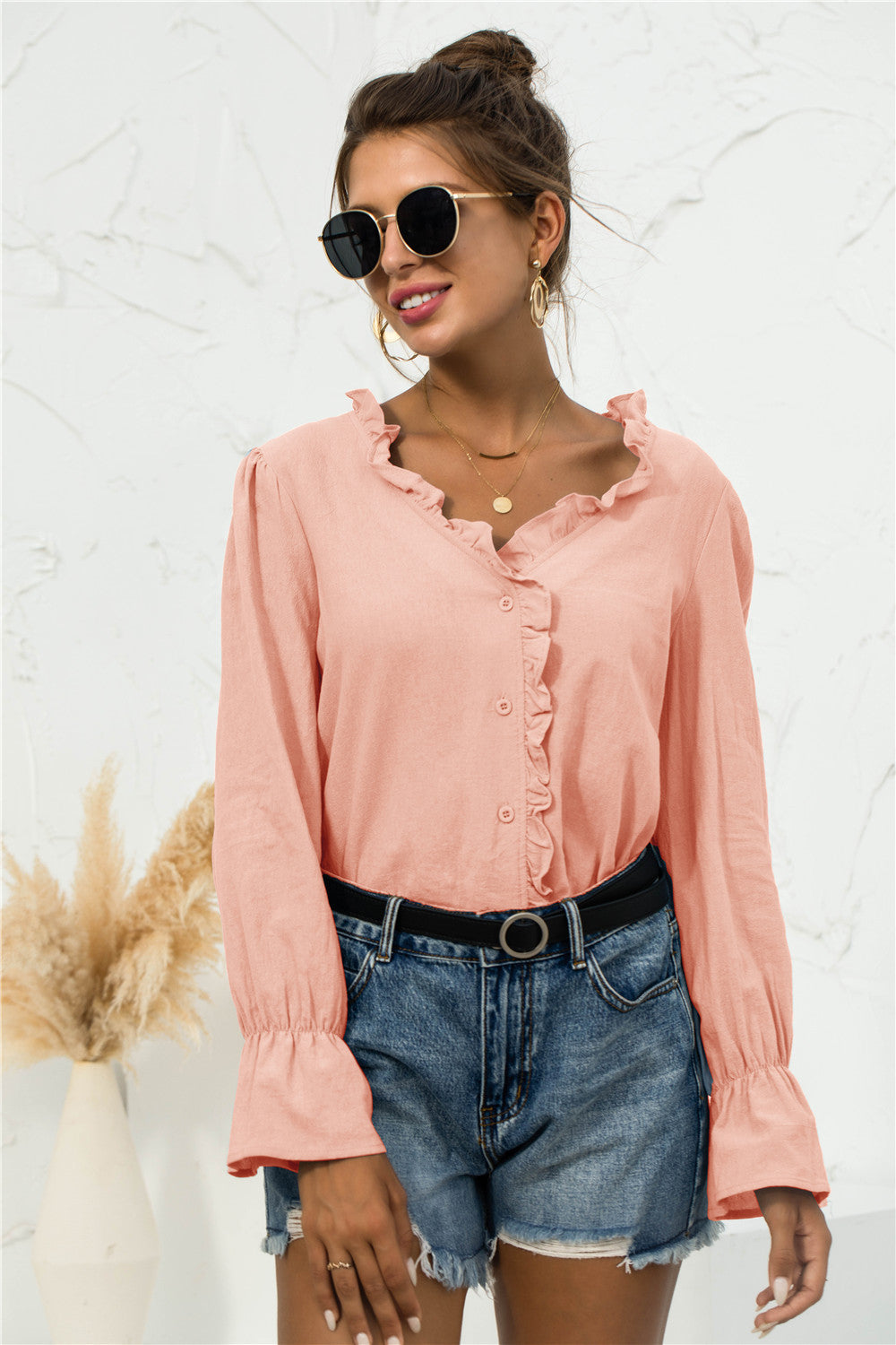 Frill Trim V-Neck Flounce Sleeve Shirt-Mope's Closet