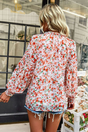 Floral Tie Neck Lantern Sleeve Blouse-Mope's Closet